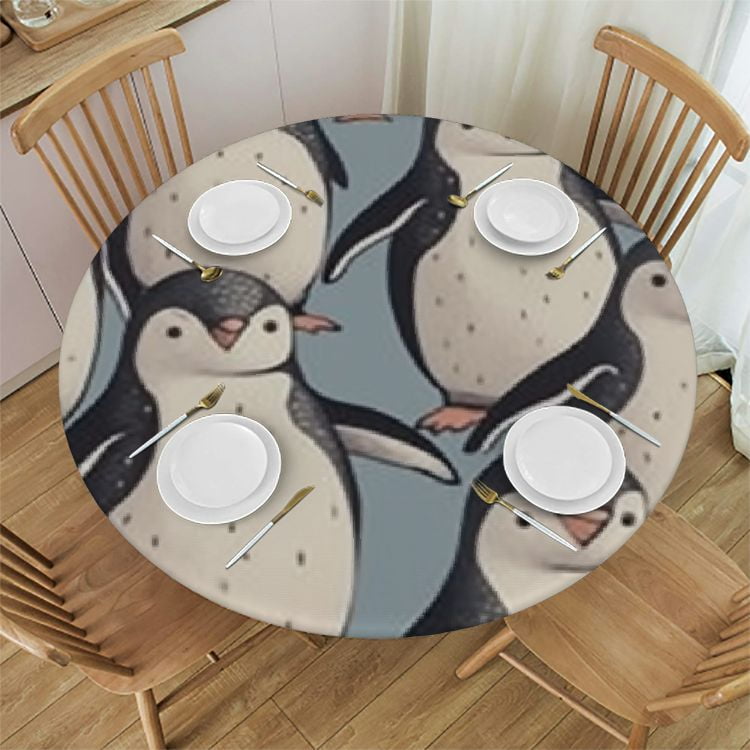 HAOXIT Retro Cute Penguin Table Cloth Round Winter Animals Reusable