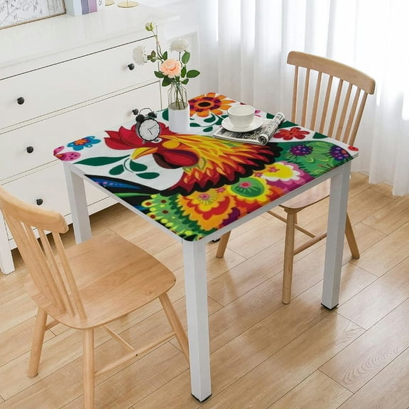 HAOXIT  Rooster Tablecloth Polish Floral Folk Art Square Pattern Table Cover Elastic Table Cloth for Indoor Dining, Outdoor Picnic Parties, Camping, Fits Square Tables 40*40