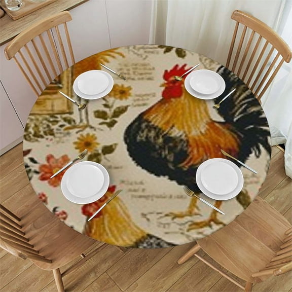 HAOXIT Round Backed Tablecloth, Rooster, Indoor/Outdoor Table Cloth, Roosters and 31-35