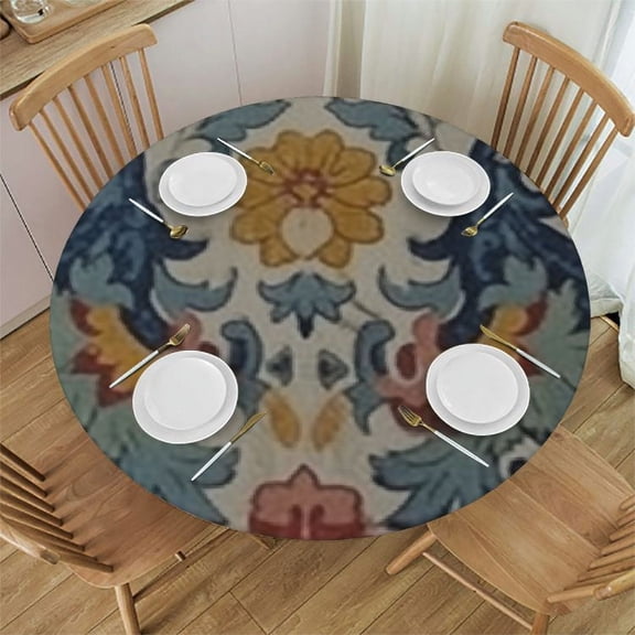 HAOXIT Round Beige Ethnic Boho Tablecloth Waterproof & Tablecloths,Wipeable Table Cloth for Round/Party/Wedding,Oriental Bohemian Antique Tribal Floral 31-35