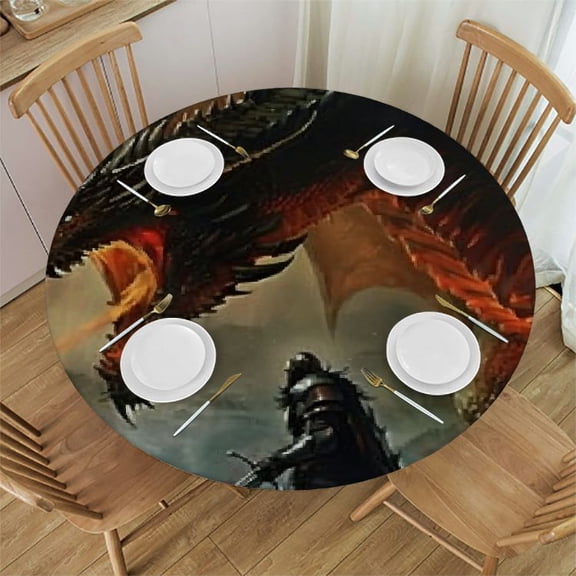 HAOXIT Round Elastic Fitted Tablecloth, Scene Fearless with , for Kitchen Dinning Tabletop Decoration Outdoor Picnic, Fits Round Table, Charcoal 31-35