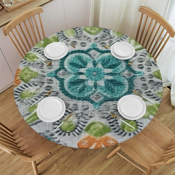 HAOXIT Round Fabric Tablecloth, Santorini Mosaic Glass, Indoor Outdoor Stain and Water Resistant Heavy Dining Table Cover, Mediterranean Blue and Green 31-35