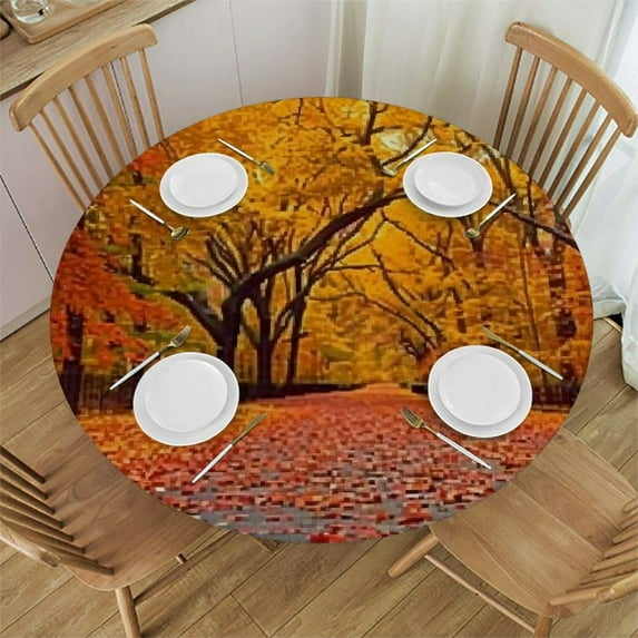 HAOXIT Round Fall, Fallen Leaves Thanksgiving Table Cover,Elastic Edged Table Cloth Fits Round Tables 38-42