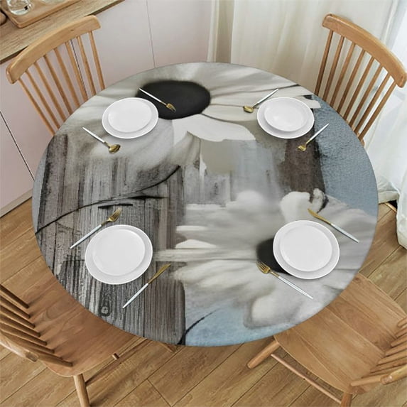 HAOXIT Round Fitted Elastic Edge Table Cloths, Teal and White Daisy Flower Polyester Table Cover, for Outdoor Patio and Indoor Kitchen Dining Party, Fit for Round table 38-42