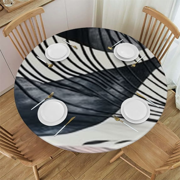 HAOXIT Round Fitted Table Cloths, Abstract Colorful Modern Geometric Leaves Plant Washable Spill Proof Table Cloth, for Kitchen Dining Party Patio Tabletop Decoration, Fits Round Tables 54-58