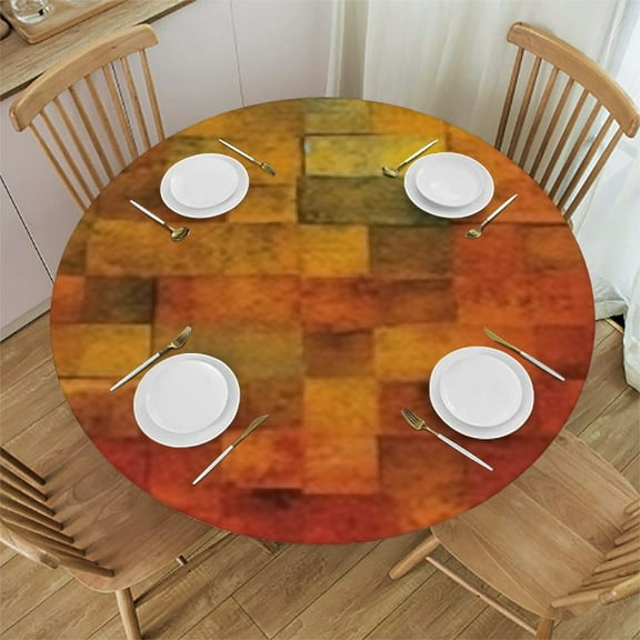 HAOXIT Round Fitted Tablecloth, Burnt Orange Elasticized Polyester Table Cover,Vintage Mosaic Quadratic Geometric Round Faded Print Fitted Table Cloth, Fits Round Tables, for Dining 31-35