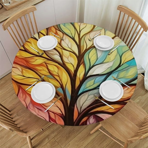 HAOXIT Round Fitted Tablecloth with Elastic Edge, Abstract Colorful Leaf Table Cover Waterproof Wipeable Table Cloths for Round Tables, Ideal for Picnic, Patio, Fits Round Tables 46-50