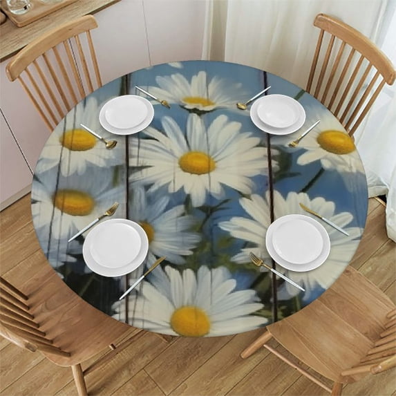 HAOXIT Round Fitted Tablecloth with Elastic Edge, Daisy Wood Texture Table Cover Waterproof Wipeable Table Cloths for Round Tables, Ideal for Picnic, Patio, Fits Round Tables 31-35