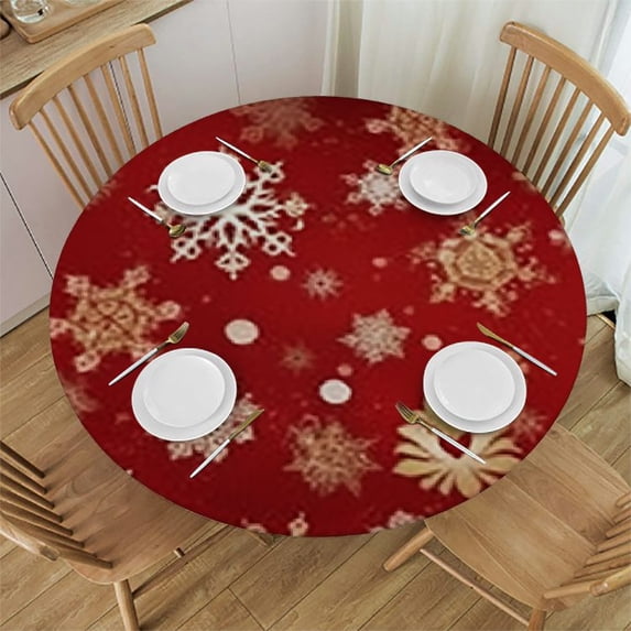 HAOXIT Round Fitted Tablecloth with Elastic Round Elastic Tablecloth Snowflake Elastic Table Cover Circular Table Cover Waterproof Wipeable Table Cloth, Fits Round Tables 38-42