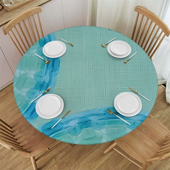 HAOXIT Round Fitted Tablecloth,Tie Dye Mandala Image Print Elastic Edged Polyester Table Pad, Fits Round Table, for Dining Banquet,Turquoise Navy Blue 38"-42
