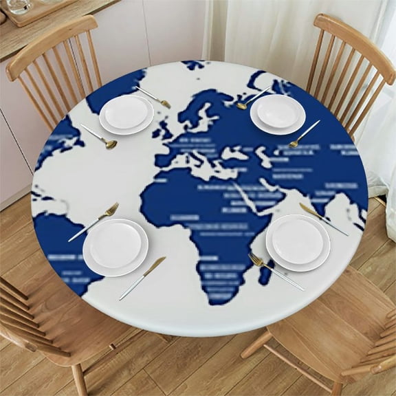 HAOXIT Round Fitted Tablecloth,World Map Elastic Edged Polyester Table Cover,Isolated On White Background Print Fitted Table Pad,Fits Round Tables,for Dining Room Kitchen Tabletop Decoration 38-42