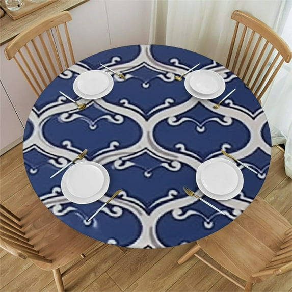 HAOXIT Round Fitted with Backing Design Table Cover Oil-Proof Table Cloth Wipeable for Round Table 54-58