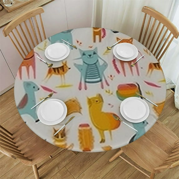 HAOXIT Round Flannel Backed Tablecloth, What’s Cookin, Indoor Outdoor Round Waterproof Table Cloth, Flamingos and Sloths 54-58
