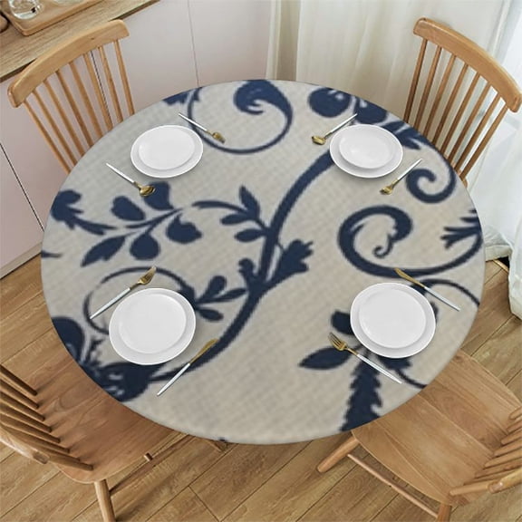 HAOXIT Round Floral Tablecloth, Washable Table Cloth, Blue Damask Pattern Table Cover for Patio Table, , Dining Room(Blue, Round ) 54-58