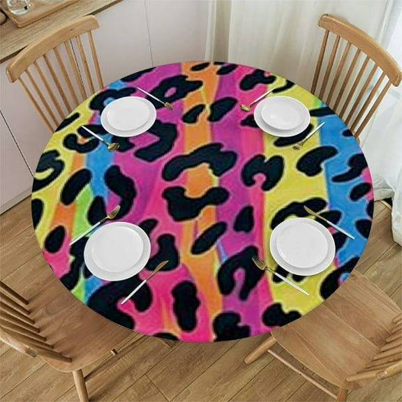 HAOXIT Round Rainbow Leopard Print Cheetah Tablecloth Table Cloth Cover for Home Decor Dinner Kitchen Party Picnic Wedding Halloween Christmas