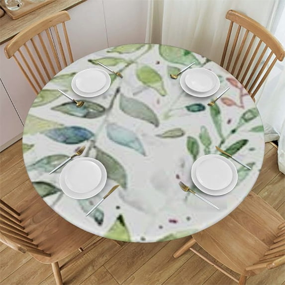 HAOXIT Round Spring Leaf Table Cloth Washable Spillproof Wrinkle Free Watercolor Olive Green Eucalyptus Fabric Farmhouse Teal Table Cover for Indoor Outdoor Kitchen Dinning 54-58