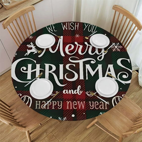 HAOXIT Round Table Cloth Christmas Buffalo Plaid Tablecloth Elastic Edge Fitted Table Cover Fits Round Tables 38"-42
