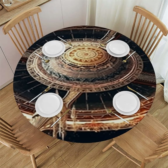 HAOXIT Round Table Cloth, Design on Backdrop, Elastic edge, and wipeable table cover, for wedding/banquet/restaurant/party, for Round table
