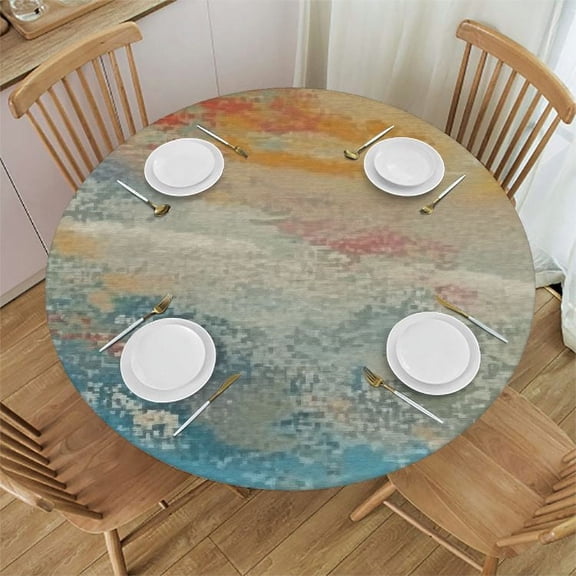 HAOXIT Round Table Cloth in Blue and Yellow Washable Water Resistance Microfiber Decor Table Cover for Picnic Banquet Party Kitchen Dining Room 42-46