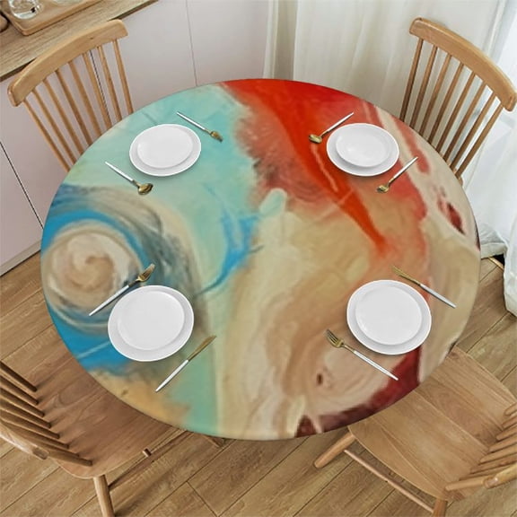 HAOXIT Round Table Cover Elastic Tablecloth Color Old Rough River Doodle Colorful Rainbow Suitable for Dining Table and Card Table 38-42