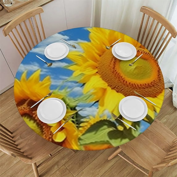 HAOXIT Round Table Cover Elastic Tablecloth Outdoor Beauty Sunflowers Cloud Flower Sky Suitable for Dining Table and Card Table 54-58