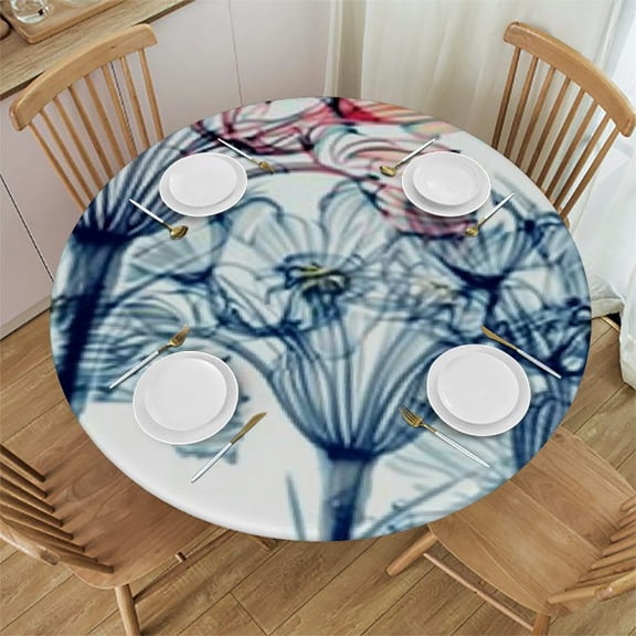 HAOXIT Round Table Cover Fitted, Xray Flower Elastic Edged Polyester Table Cover, Image of Exotic Plants Print Fitted Table Pad, Fits Round Tables, for Spring Summer 54-58