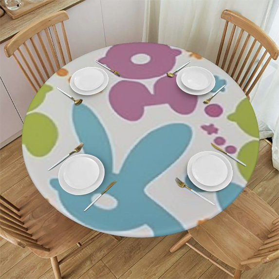 HAOXIT Round Table Cover Round , Waterproof Reusable Table Cloth Round Fitted with Elastic Edged for Outdoor Party,Easter Colorful Bunny White Table Cover 46-50