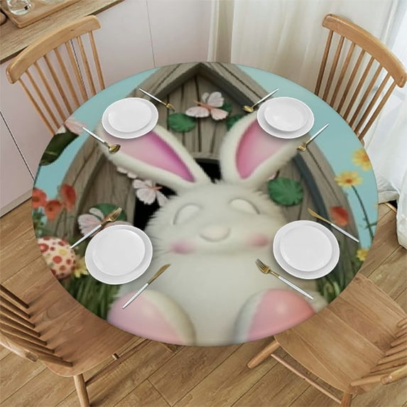 HAOXIT Round Table Covers with Elastic Pastoral Rabbit Butt Egg Waterproof Fitted Tablecloth Wipable Table Cover Fits Up to Tables Plants on Aqua Wood Table Cloth Protector for Outdoor/Indoor 31-35