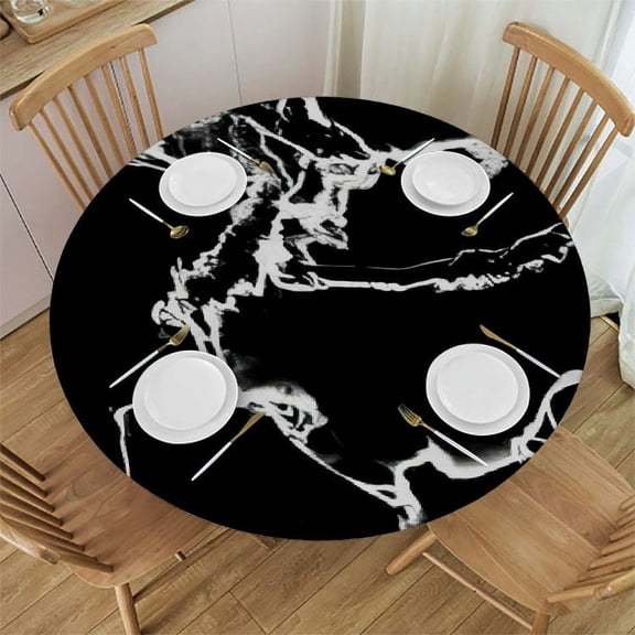 HAOXIT Round Table Top Cover Black Marbling Texture Background Fitted Tablecloth with Elastic Edge for Dining Picnic, Fitted for Round Table 31-35