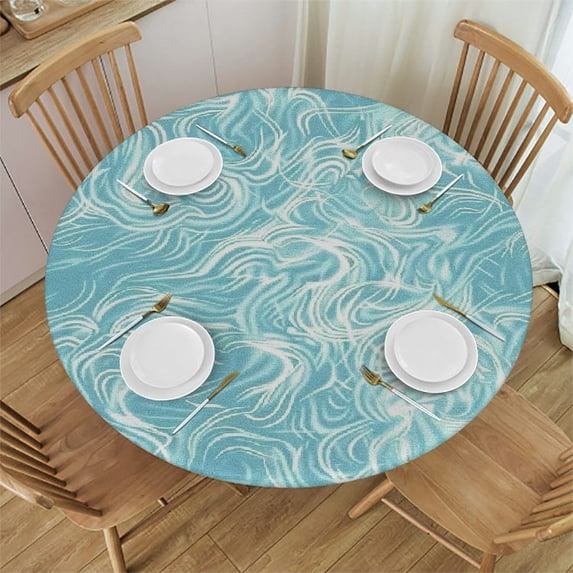 HAOXIT Round Tablecloth, Abstract Tablecloth for Side Table, Ocean Inspired Hand Drawn Wave Lines and, Fit Round Tables , for Indoor Outdoor Fits, Baby Blue White 46-50