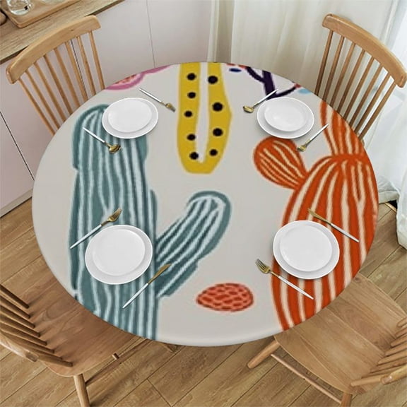 HAOXIT Round Tablecloth Art Cactus,abstract cactus doodle colorful cacti Washable Polyester Table Cloth Table Cover Decorations for Picnic,Kitchen,Holiday Party 46-50