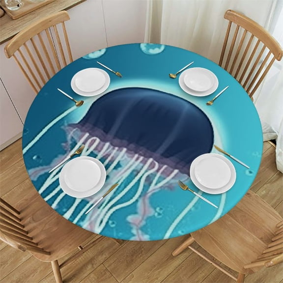 HAOXIT Round Tablecloth, Blue Ocean Beach Coastal Table Cover Round for Summer Party,Perfect for Kitchen Dinner, Restaurant,Outdoor Holiday Picnic Waterproof Table Cloth 46-50