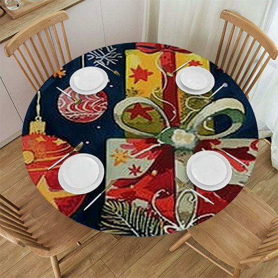 HAOXIT Round Tablecloth , Christmas Merry Gift Boxes Decorative Polyester Table Cloths,Waterproof Table Cover for Home,Holiday,Party,Indoor and Outdoor 31-35