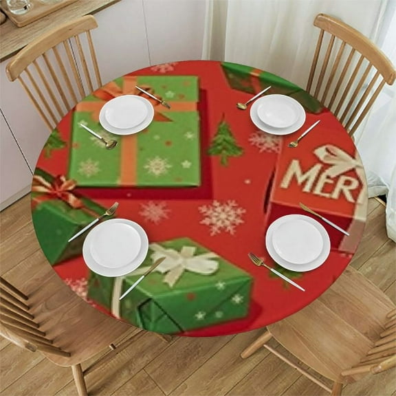 HAOXIT Round Tablecloth Circular Table Cover Christmas Gold and for Buffet Table, Home,Parties, Holiday Dinner 54-58