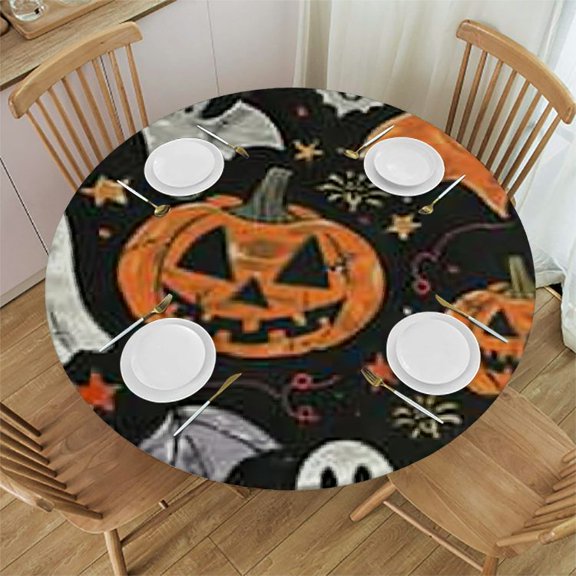HAOXIT Round Tablecloth,Circular Table Cover Halloween Pumpkin Ghost for Buffet Table, Home,Parties, Holiday Dinner 42-46