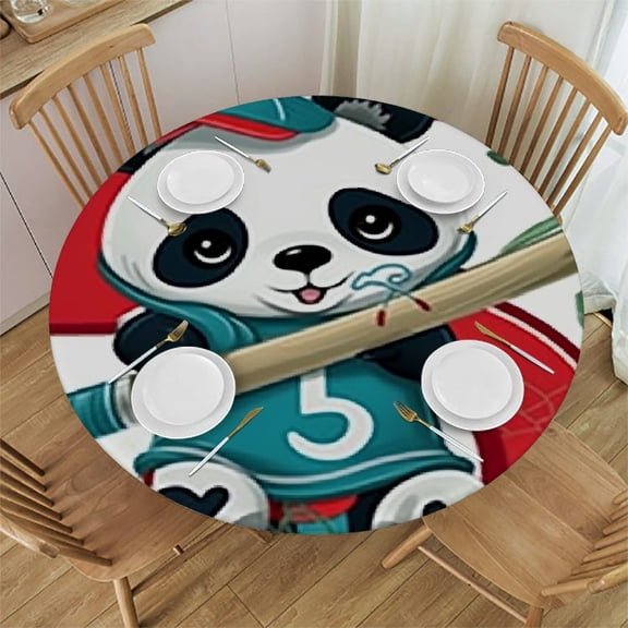 HAOXIT Round Tablecloth Cute Panda,cartoon panda bear playing baseball black and white stripe Washable Polyester Table Cloth Table Cover Decorations for Picnic,Kitchen,Holiday Party 31-35