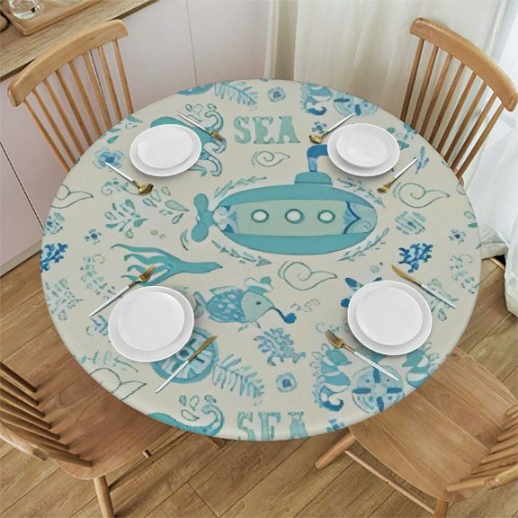 HAOXIT Round Tablecloth Fitted,Sea Adventure Pattern Underwater Print Elastic Edged Polyester Table Cloth, Fits Round Table, for Dining Banquet,Turquoise Pale 46"-50