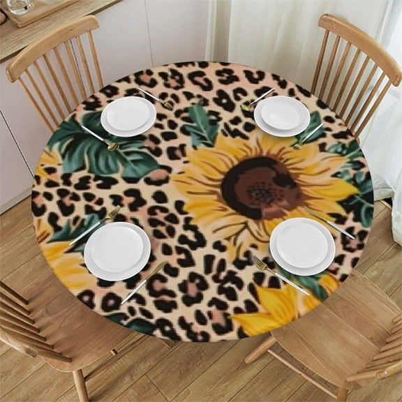 HAOXIT Round Tablecloth , Floral Round Table Cloth, Cute Brown Leopard Print Circle Tablecloth for Home Kitchen Dining Party Patio Indoor and Outdoor Use 54-58
