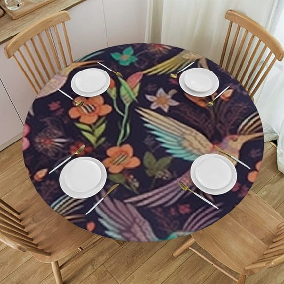 HAOXIT Round Tablecloth Humming Bird and Tropical Flowers Embroidery Polyester Tablecover , Anti-wrinkle and smooth Table Cloth for Kitchen/Home Decoration 54-58