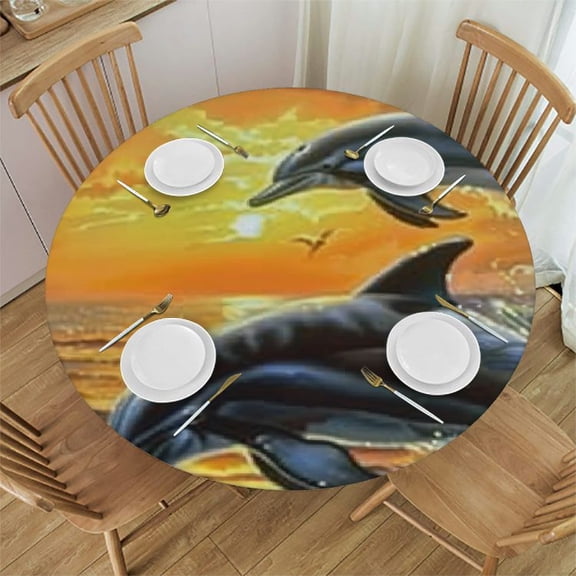 HAOXIT Round Tablecloth Jumping ,Sunset Ocean Animal s Fish Washable Polyester Table Cloth Table Cover Decorations for Picnic,Kitchen,Holiday Party 31-35