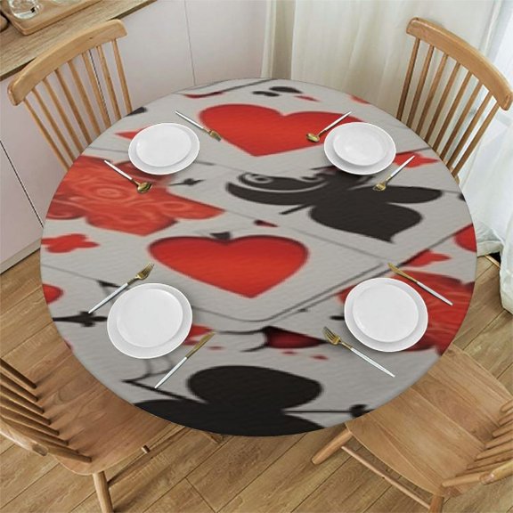 HAOXIT Round Tablecloth, Pattern Classical Colors with Playing Card Suits Gaming Luck, Circle Table Cloth Cover for Dining Room Kitchen Decoration, White Black 31-35