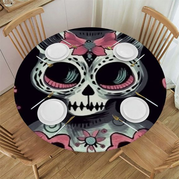 HAOXIT Round Tablecloth Skeleton Cats,creepy Evil cats flower folk halloween pink Washable Polyester Table Cloth Table Cover Decorations for Picnic,Kitchen,Holiday Party 46-50