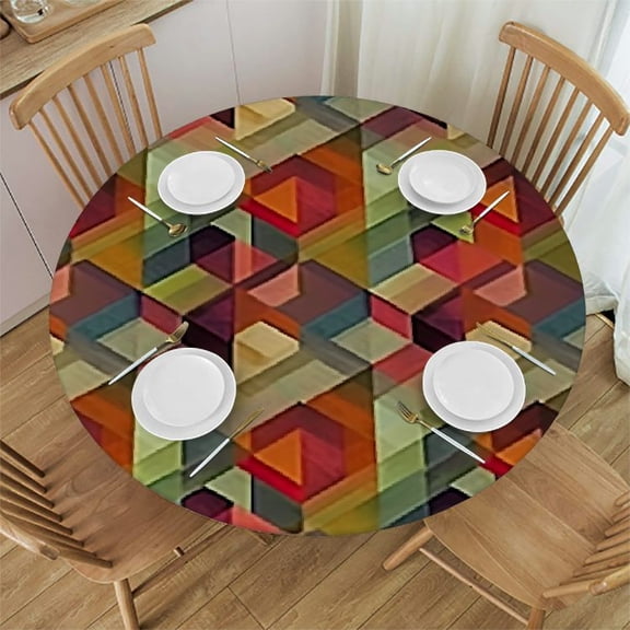 HAOXIT Round Tablecloth, Tablecloth for Side Table, Colorful Cubic , Fit Round Tables , for Dining Room/Party/Banquet Decoration, Multicolor 46-50