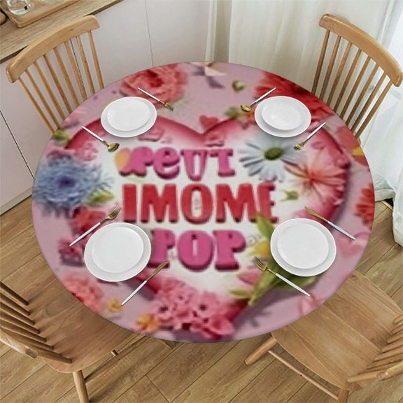 HAOXIT Round Tablecloth Washable Polyester Trim,I Love You Mom Kitchen Circle Table Cloth Cover for Party Dinning Tabletop Wedding Home Decor 31-35