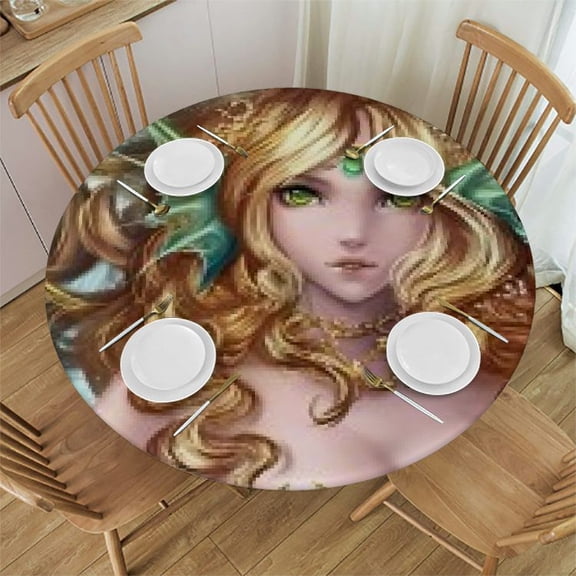 HAOXIT Round Tablecloth Washable Table Cover with Dust-Proof Wrinkle Resistant Anime Mermaid 42-46