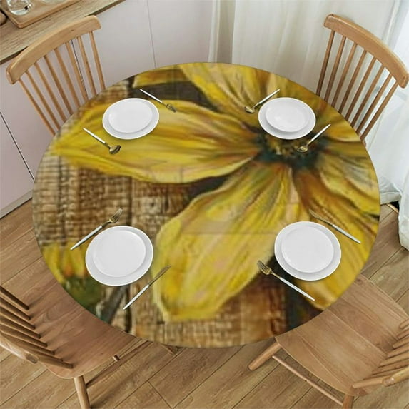 HAOXIT Round Tablecloth Yellow Wooden Board Circle Table Cover Flower Table Cloth Washable for Dining Kitchen Cabin Farmhouse Decor 38-42