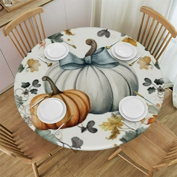HAOXIT Round Tablecloth with Fall Thanksgiving Pumpkin Table Cover Fitted Table Cloths for Round Table Kitchen Indoor Outdoor Use 31-35