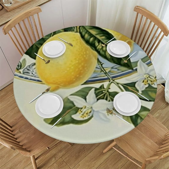 HAOXIT Round Watercolor Lemon Yellow White Table Cloth Table Cover Decorative for Holiday Picnic Party Dining Room Home Indoor Outdoor Decor 42-46