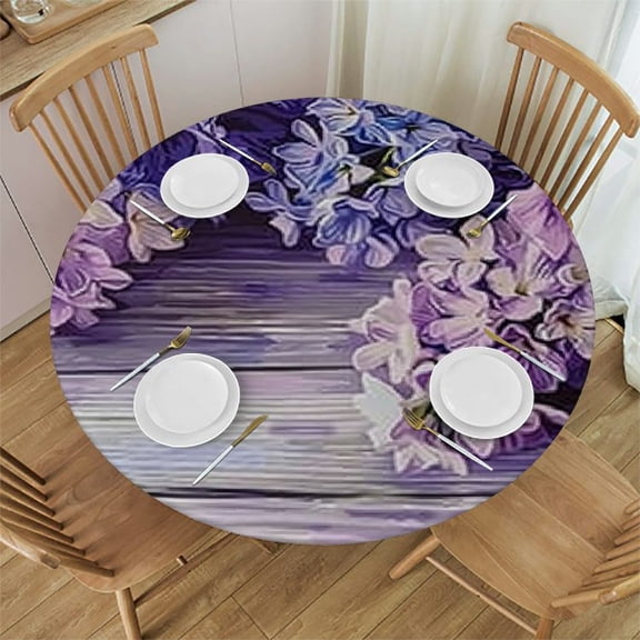 HAOXIT Rustic Round Fitted Tablecloth, Lilac Flowers Bouquet on Wood Table Spring Nature Romance Love Theme, for Kitchen Dining, Party, Holiday, Buffet, Fits Round Table, Lilac Violet Dark Taupe 31-35