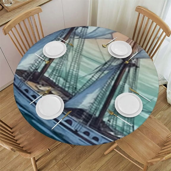 HAOXIT Sea Map Tablecloth Compass Sailing Ship Round Table Cloth Protector Proof Table Cover 31-35